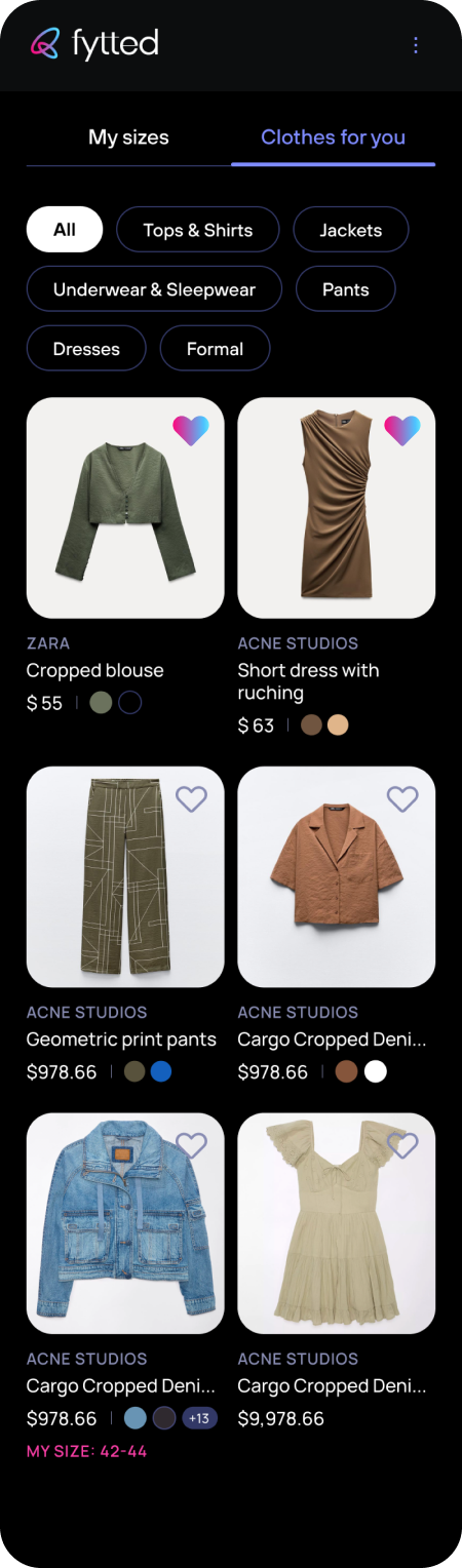 Fytted web extension showing personalized clothing recommendations for top brands while you shop.