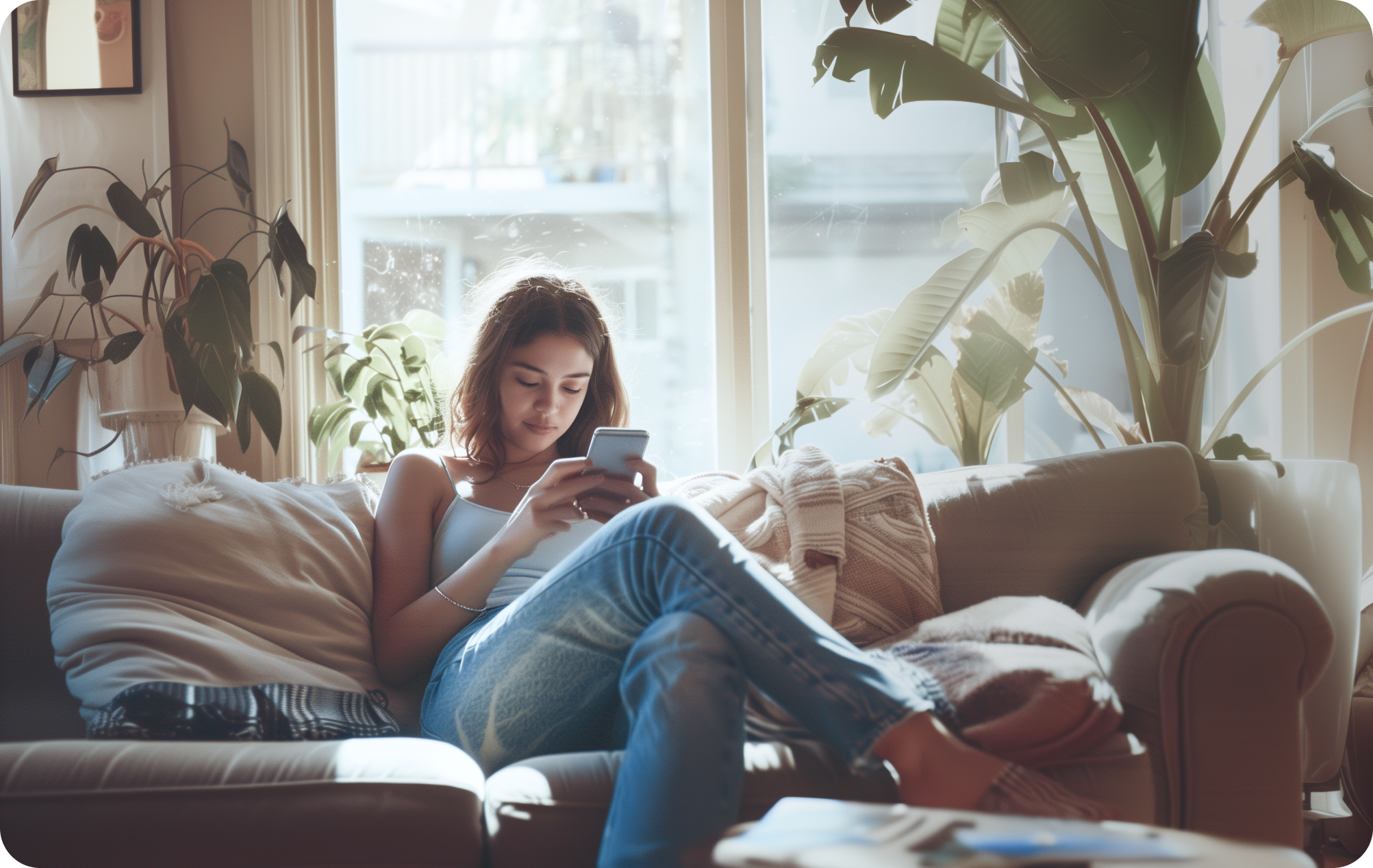 "Woman using Fytted app at home for personalized color and size clothing recommendations, based on color analysis and body shape analysis.